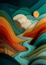 青緑の層とオレンジの円が印象的な縦構図の抽象キャンバスアート