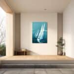 寝室に飾った白い帆船モチーフの抽象アートの設置イメージ