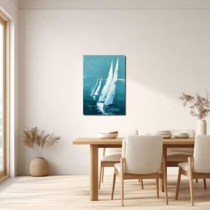 リビングに飾った青緑の帆船海景キャンバスアートの設置イメージ
