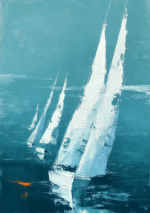 青緑の海に白い帆船が並ぶ抽象海景のキャンバスアート