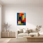 鮮やかな抽象幾何キャンバスアートのリビング設置イメージ
