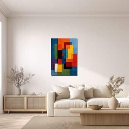 鮮やかな抽象幾何キャンバスアートのリビング設置イメージ