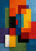 鮮やかな色面を重ねた抽象幾何の縦構図キャンバスアート