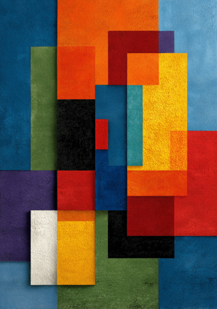 鮮やかな色面を重ねた抽象幾何の縦構図キャンバスアート