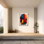 玄関に飾った縦構図の抽象キャンバスアートの設置イメージ