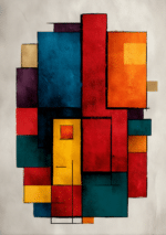 鮮やかな色面が重なる幾何学的な抽象キャンバスアート