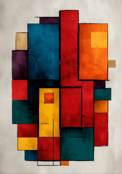 鮮やかな色面が重なる幾何学的な抽象キャンバスアート