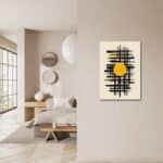 玄関に洗練されたアクセントを添えるイエローサークル キャンバスアート