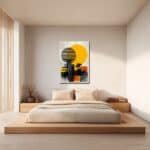 寝室に飾った幾何学ブロックの抽象キャンバスアートの設置イメージ