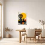 ダイニングに飾った都会的な縦構図の抽象アートの設置イメージ