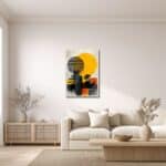 リビングに飾った黄の円と木影の抽象キャンバスアートの設置イメージ