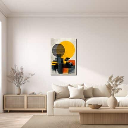 リビングに飾った黄の円と木影の抽象キャンバスアートの設置イメージ