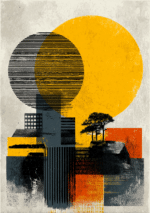 大きな黄の円と木影を重ねた縦構図の抽象キャンバスアート