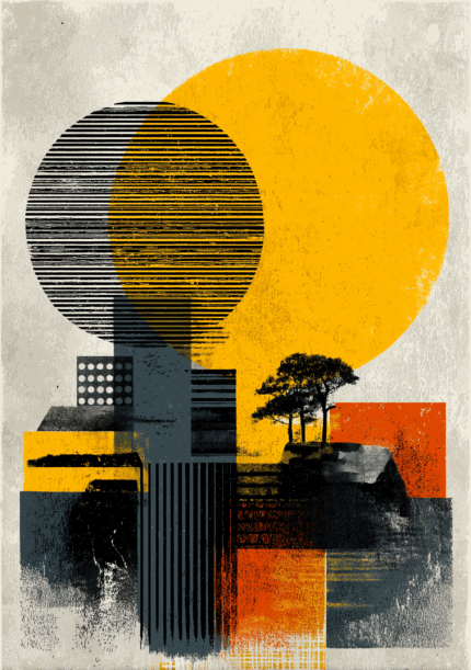 大きな黄の円と木影を重ねた縦構図の抽象キャンバスアート