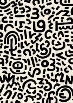 太い黒の文字片がリズミカルに並ぶ抽象アート