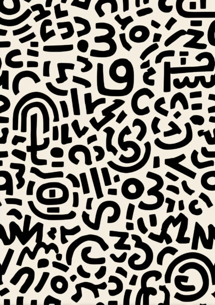 太い黒の文字片がリズミカルに並ぶ抽象アート
