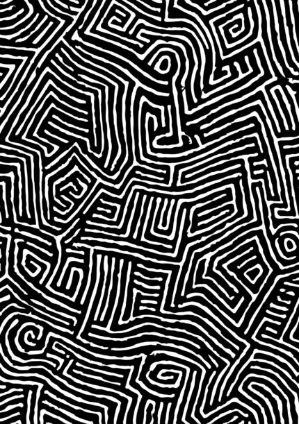 黒地に白い線が迷路のように広がる抽象アートのメイン画像