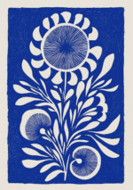 コバルトブルーに白い花と葉を描いた版画調のフラワーアート