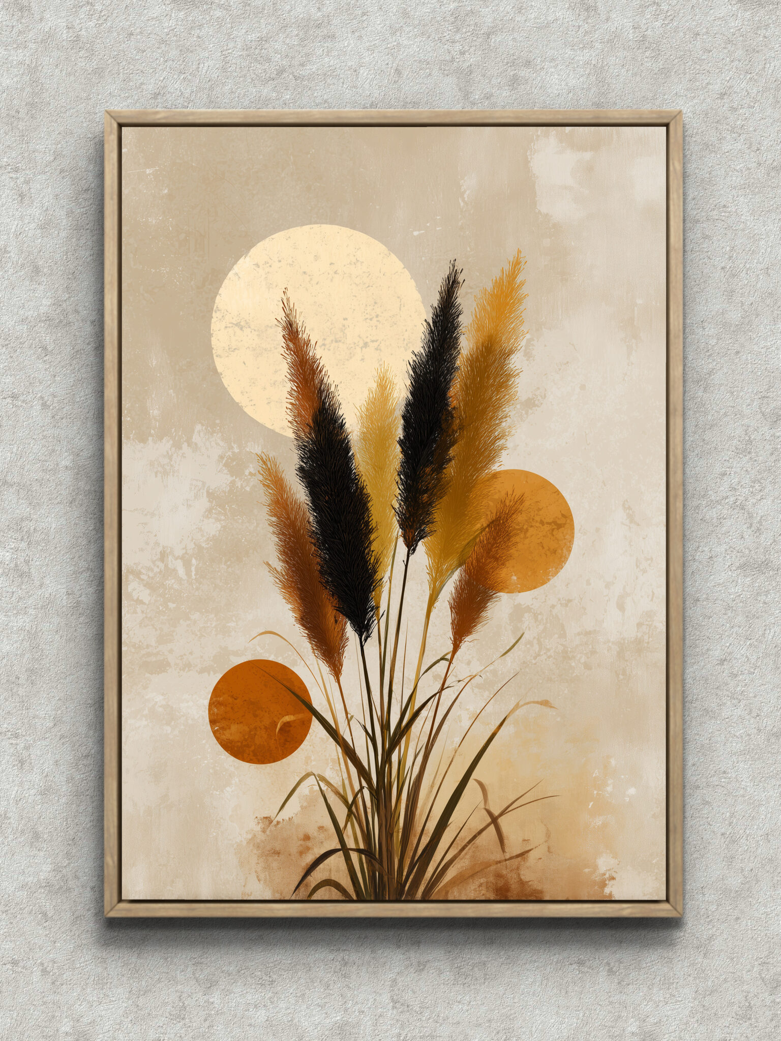 autumn-grass-circle-botanical-art-main-1-ma-10218.jpg 円形背景に秋草を描いたベージュのボタニカルアート フレーム設置イメージ