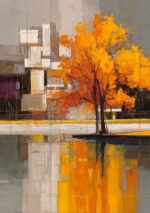 紅葉した木と都市の景色、水面の映り込みを描いた秋の抽象アート