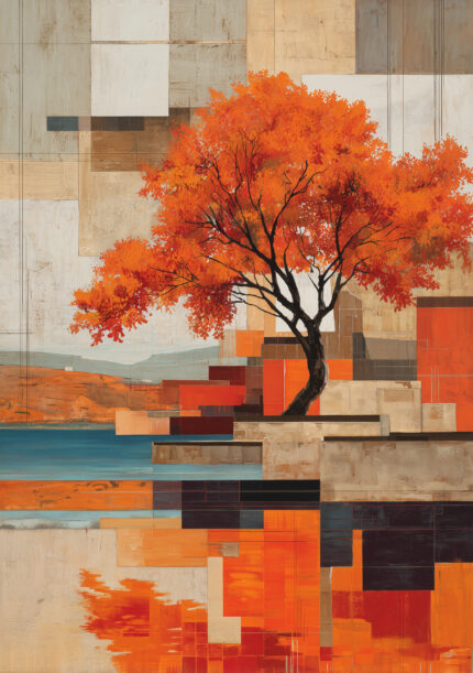 紅葉の木と幾何学色面が重なる縦構図の抽象アート