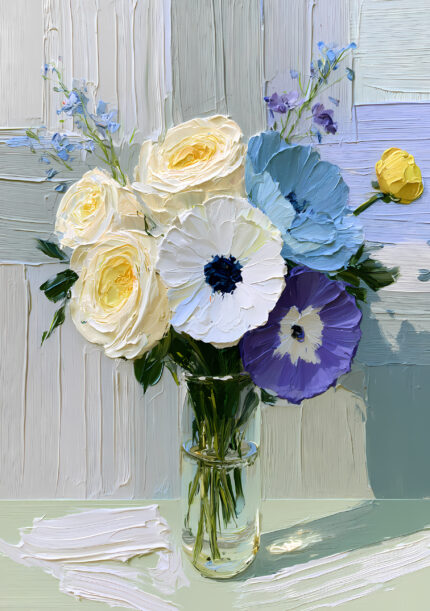 透明なガラス花瓶に淡色の花束を描いたベージュ ブーケ フラワーアートパネル