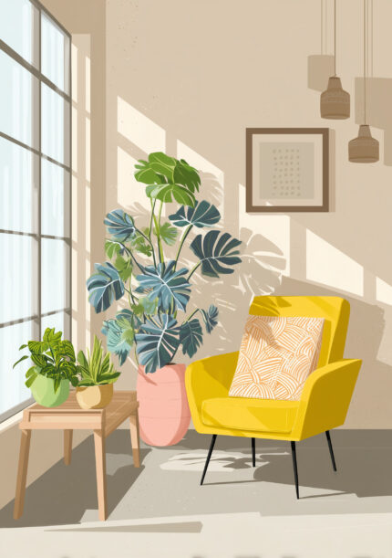 観葉植物と黄色い椅子を描いたベージュ ボタニカルアートパネル