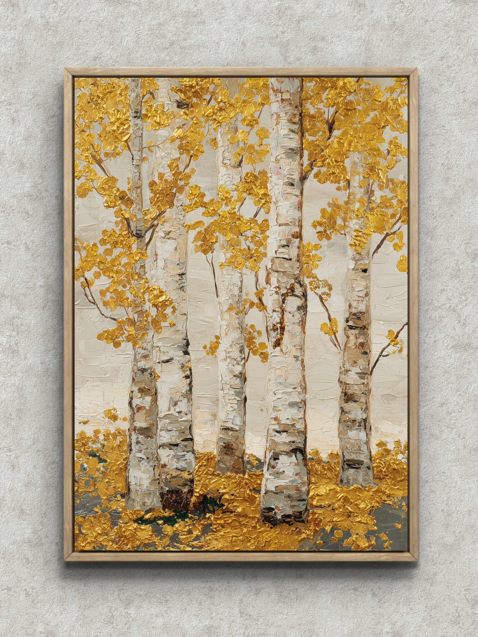 birch-gold-forest-abstract-art-main-1-ma-10204.jpg 白樺の幹と金色の葉が重なる縦構図のアートパネル フレーム設置イメージ