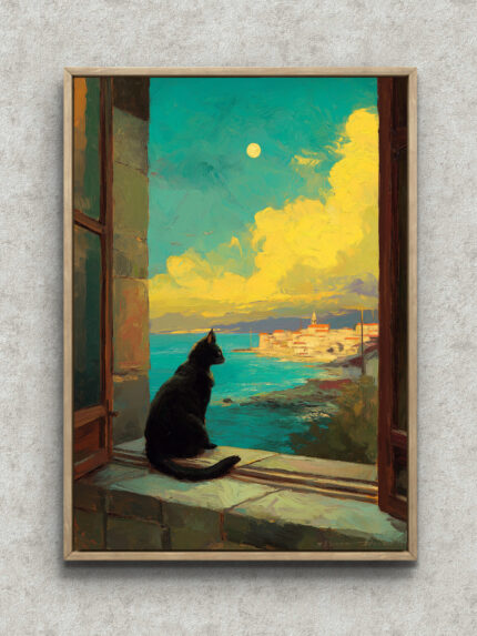 窓辺の黒猫と月夜の海辺を描いたアートのメイン画像 フレーム設置イメージ