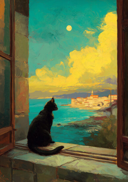 窓辺の黒猫と月夜の海辺を描いたアートのメイン画像