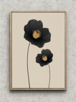 黒い2輪の花と金色の花芯を描いた縦長のフラワーアート フレーム設置イメージ