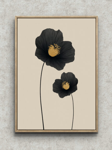 黒い2輪の花と金色の花芯を描いた縦長のフラワーアート フレーム設置イメージ