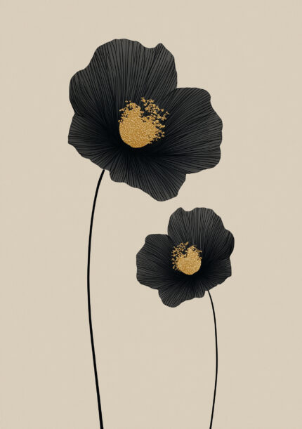 黒い2輪の花と金色の花芯を描いた縦長のフラワーアート