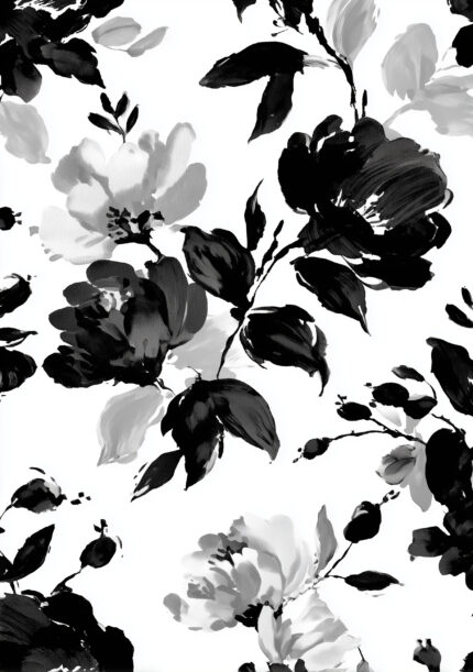 黒と白の花びらが流れるモノクロのブラック フラワーアートパネル