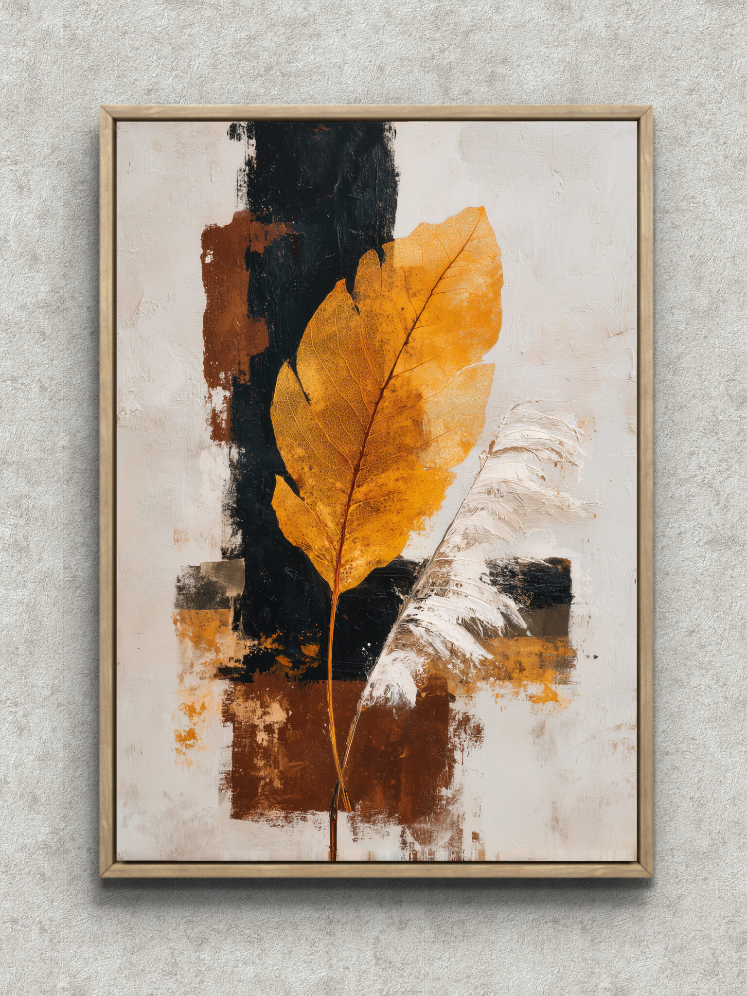 black-orange-leaf-botanical-art-main-1-ma-10183.jpg 黒とオレンジの葉を描いた余白のある抽象アート フレーム設置イメージ