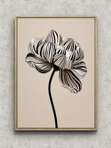 縞模様の花びらを描いた黒い花 アートパネル フレーム設置イメージ