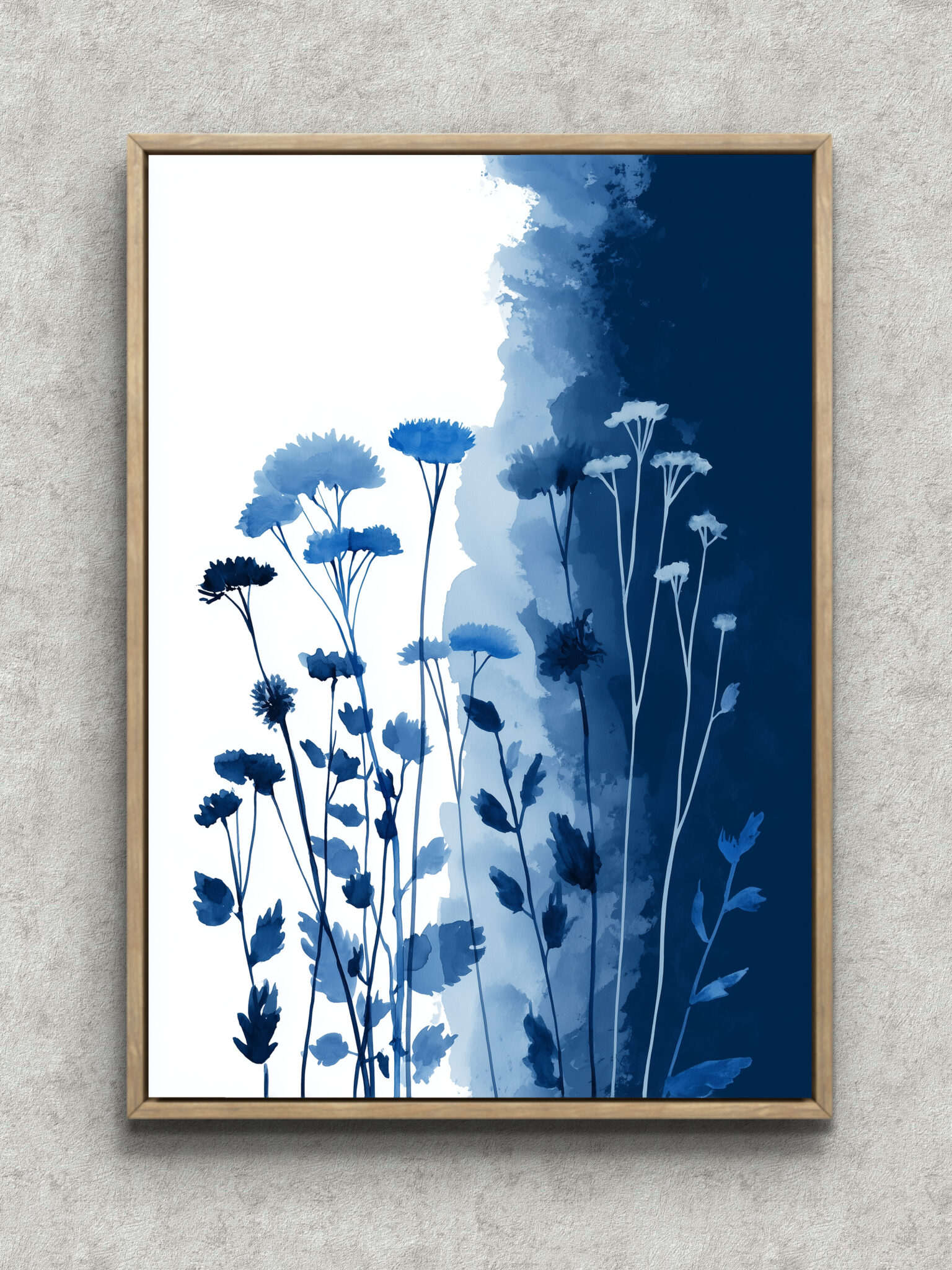 blue-botanical-minimal-living-art-panel-main-1-ma-10306.jpg 白地に青い草花が伸びる、涼やかな縦構図のボタニカルアートパネル フレーム設置イメージ