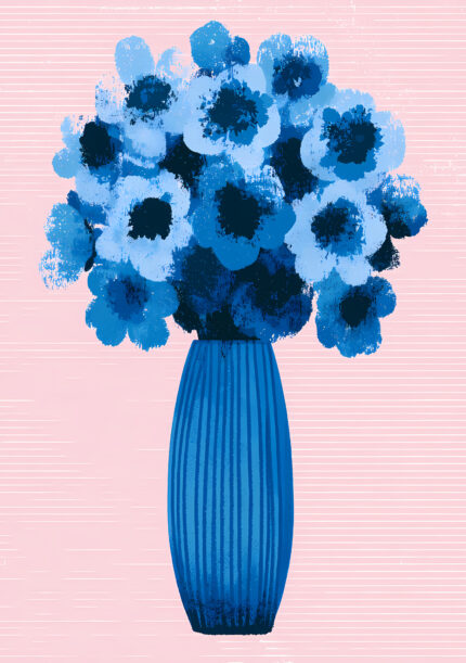 ピンク地に青い花束と縞模様の花瓶を描いた縦長のフラワーアートパネル