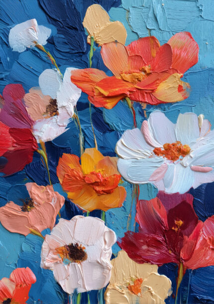 青い背景に色とりどりの花が重なるブルー フラワーアートパネル