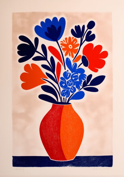 青い花々と赤オレンジの花瓶を描いたフラワーアート