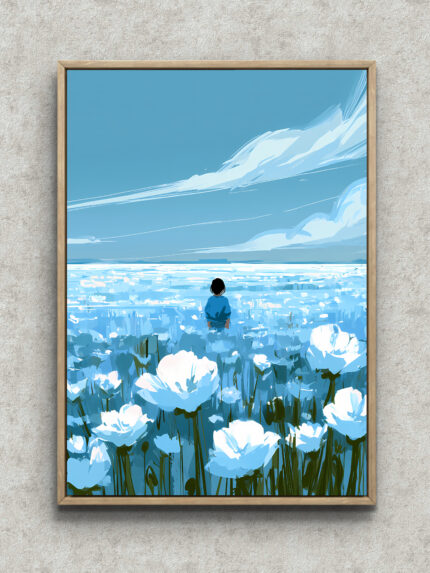 青い花畑にひとりの人物と広い空を描いた風景アートパネル フレーム設置イメージ