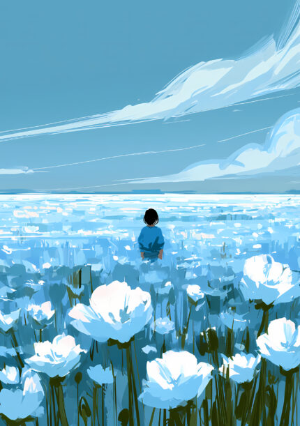 青い花畑にひとりの人物と広い空を描いた風景アートパネル