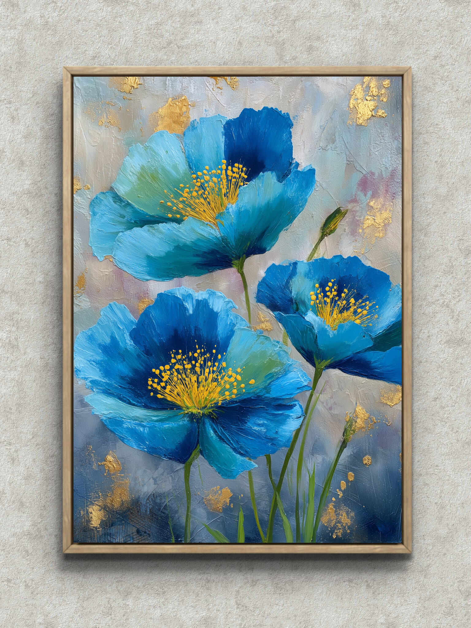 blue-gold-flower-art-main-1-ma-10288.jpg 青い花と金箔風のきらめきが映える縦長のフラワーアート フレーム設置イメージ