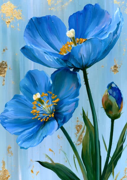 青い花と金箔風のきらめきを描いたモダン ブルー フラワーアートパネル
