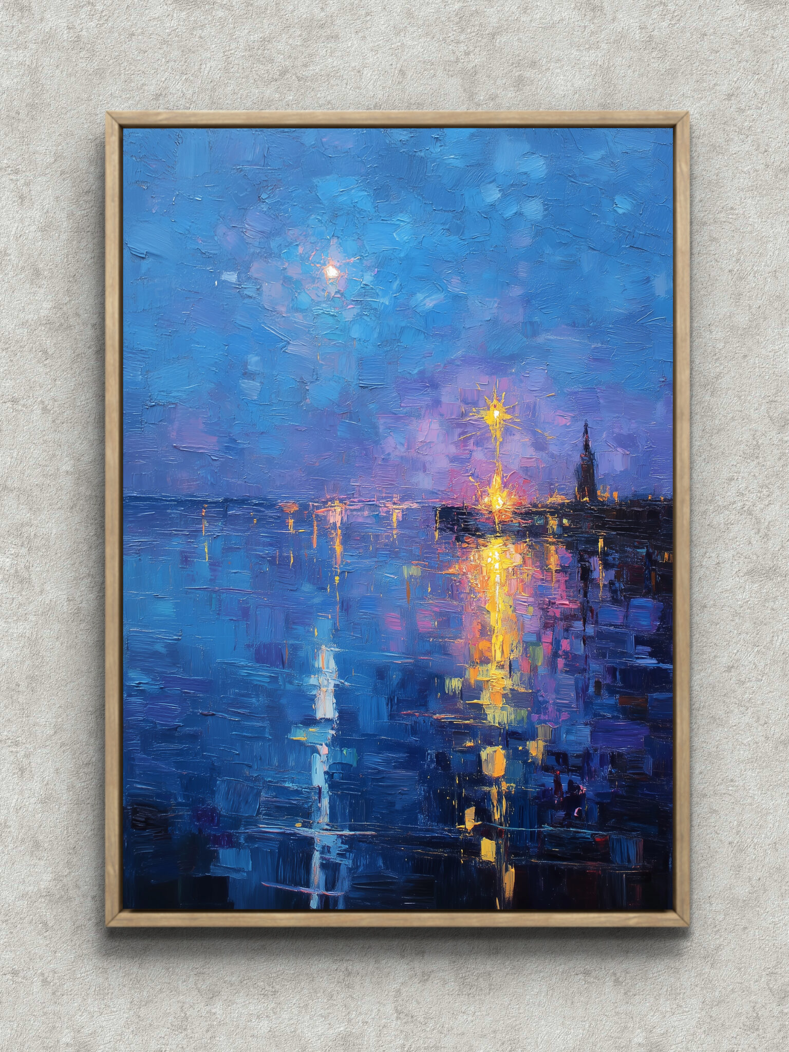 blue-gold-night-reflection-landscape-art-main-1-ma-10289.jpg 青と紫の夜景に金色の灯りが水面へ映る風景アート フレーム設置イメージ