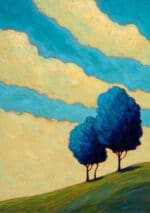 青緑の空と丘の木々を描いたブルー リビング 風景アートパネル