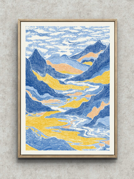 藍色の山並みと流線を描いた縦構図の抽象風景アート フレーム設置イメージ