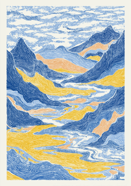 藍色の山並みと流線を描いた縦構図の抽象風景アート