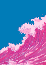 青い余白にピンクの波しぶきと流線が広がる縦構図の抽象アート