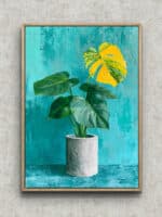 青い背景に大きな葉の鉢植えを描いたモダン ブルー ボタニカルアートパネル フレーム設置イメージ